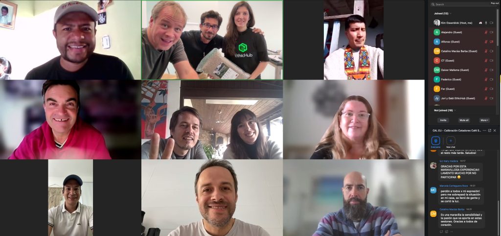 Grupo de catadores comparando percepciones durante una cata de café por Zoom.