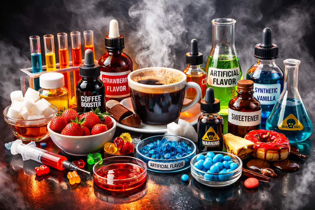 Café artificial con perfil sensorial intensificado mediante adición externa de aromas o compuestos ajenos al café.